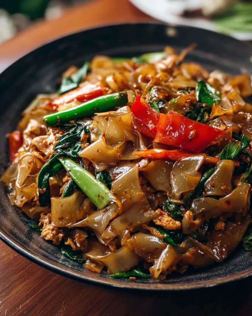Plate of Street Style Thai Drunken Noodles garnished with vegetables and herbs