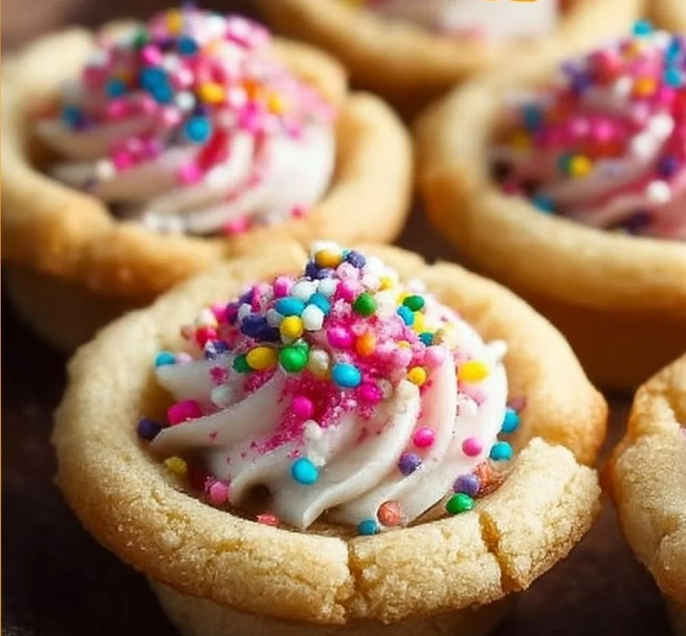 Delicious sugar cookie cups with sweet filling on a decorative plate.