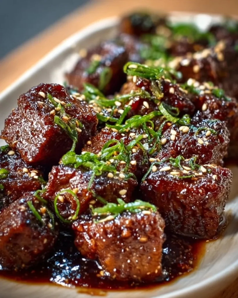 Delicious sweet and sticky steak bites served on a plate
