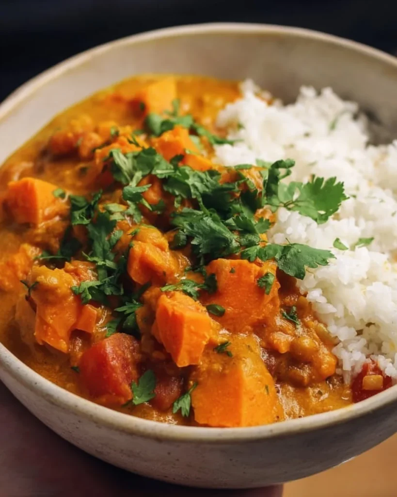 Bowl of delicious sweet potato curry with spices and herbs