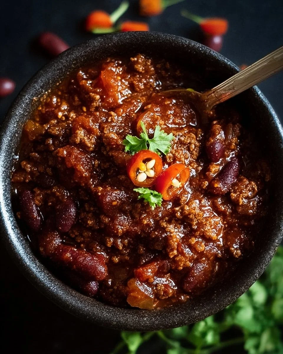 A bowl of the best chili recipe topped with cheese and fresh herbs.
