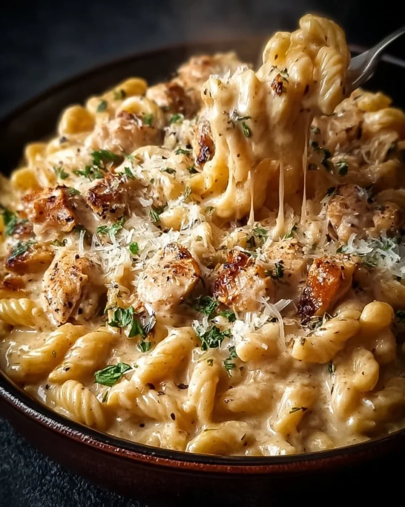 Creamy garlic parmesan crockpot chicken pasta served in a bowl