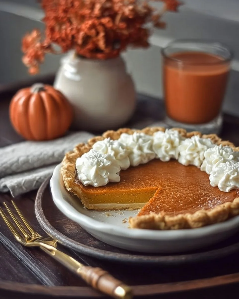 A delicious slice of homemade pumpkin pie on a rustic table