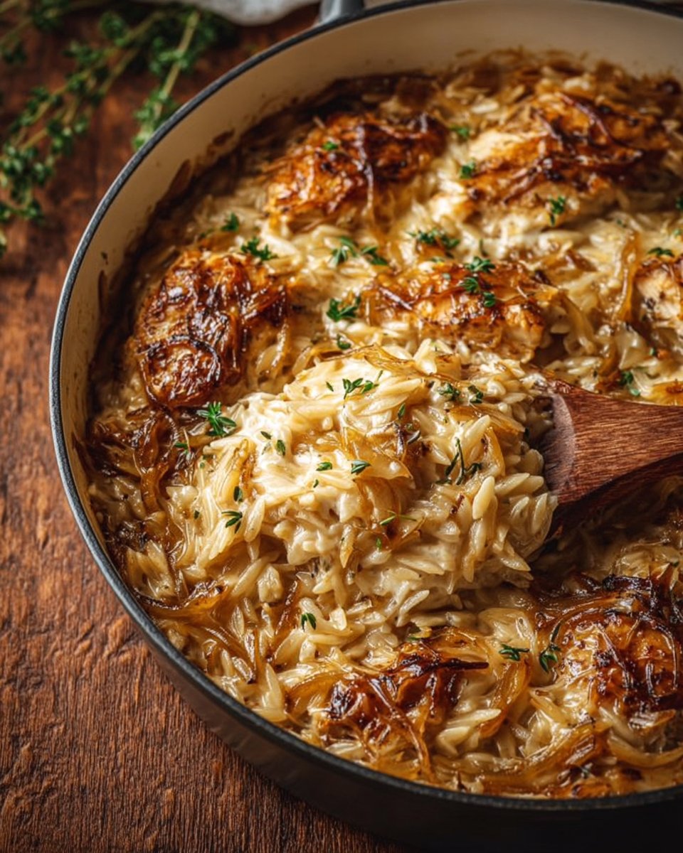 French Onion Chicken Orzo Casserole