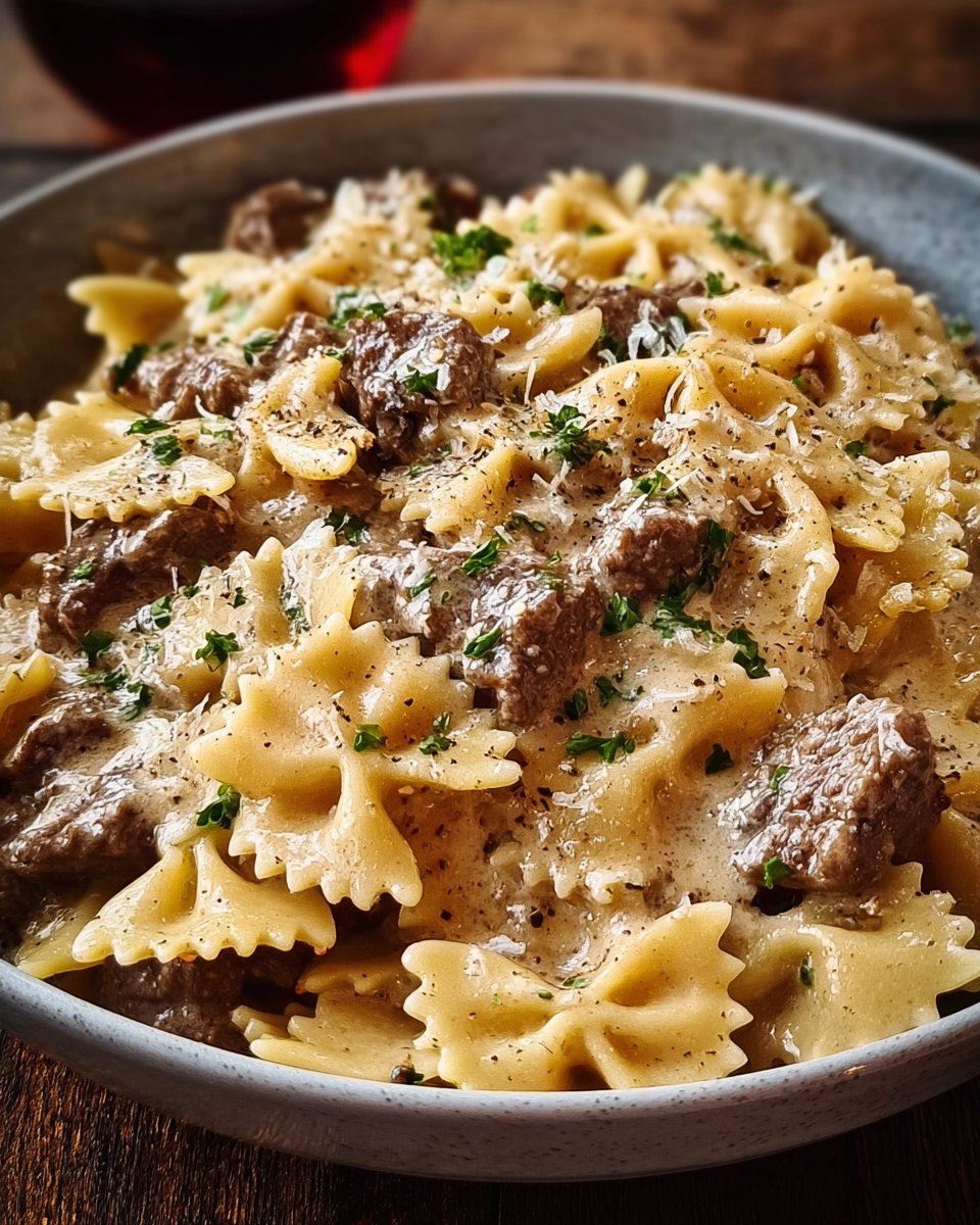 Creamy Parmesan Garlic Beef Bowtie Pasta