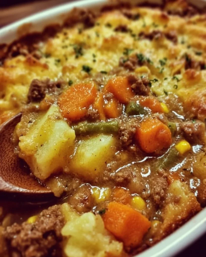 Delicious Amish Harvest Casserole with vegetables and a golden topping