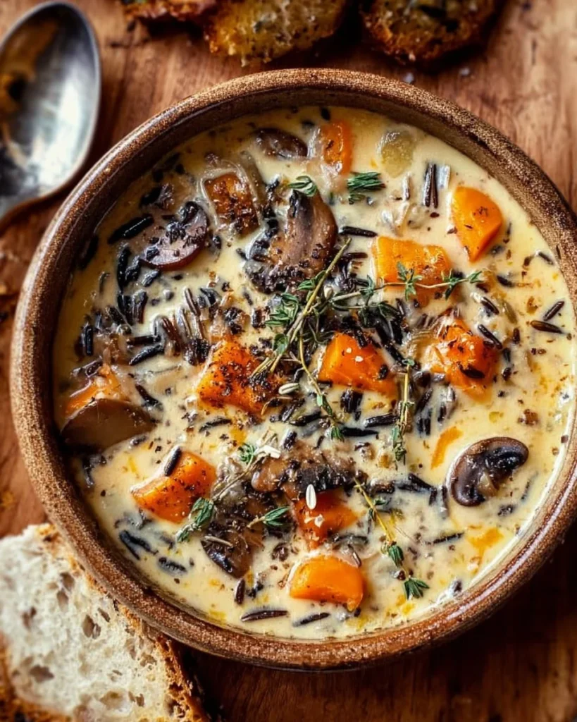 Bowl of autumn wild rice soup with fresh vegetables and herbs.