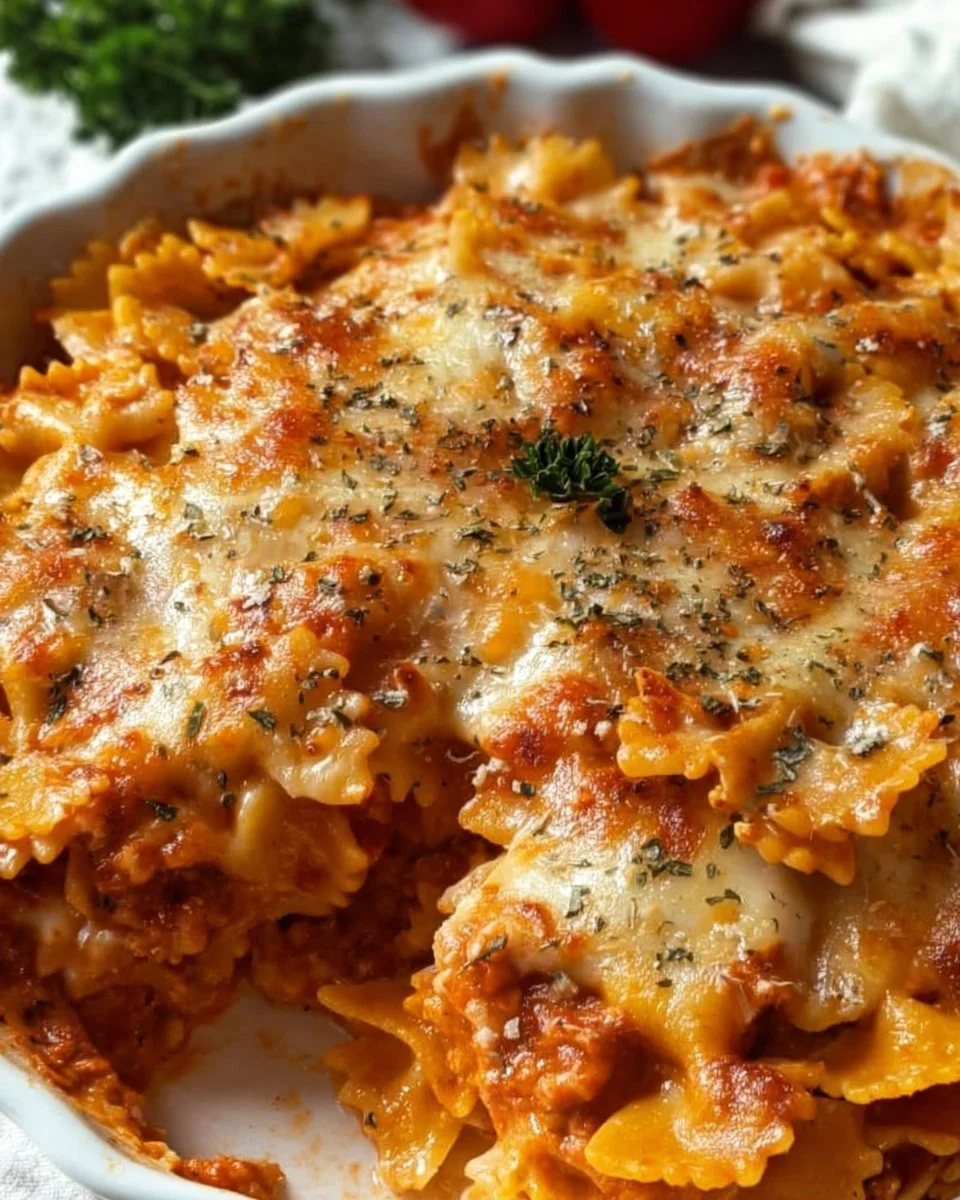 bow tie pasta lasagna 1 Delicious bow tie pasta lasagna served on a plate with herbs