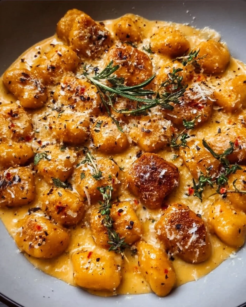 Butternut squash gnocchi in garlic Parmesan sauce garnished with herbs.
