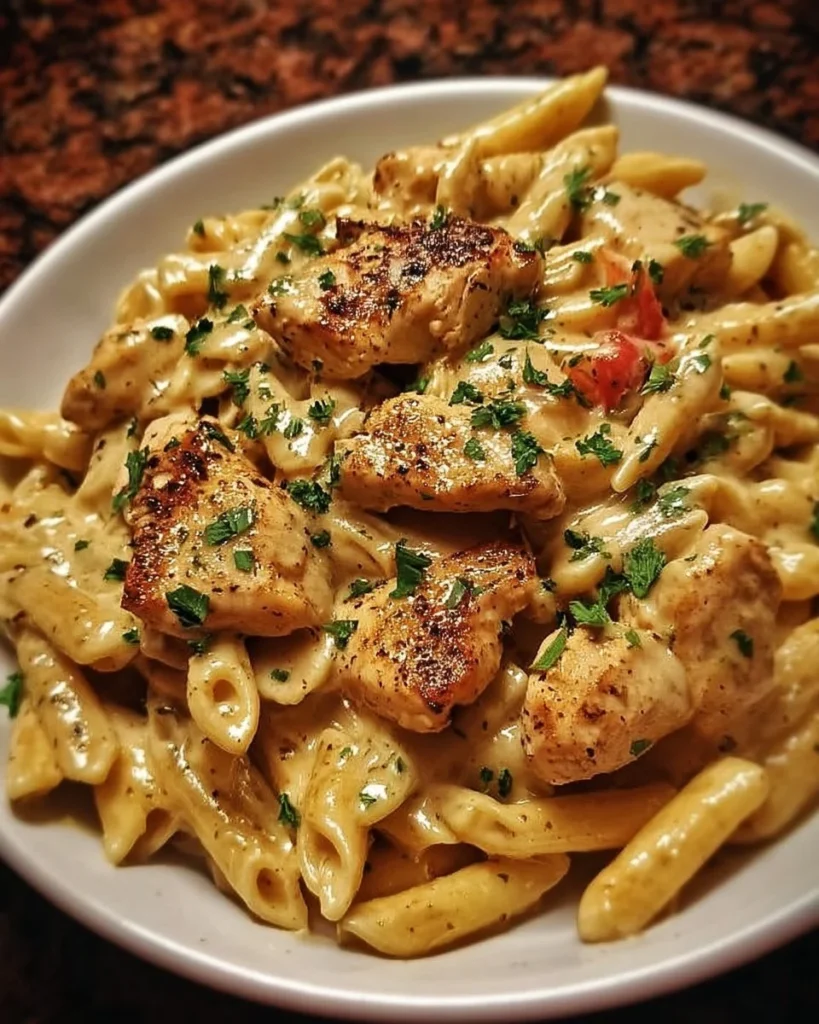 A plate of Cajun Chicken Pasta with vibrant veggies and creamy sauce