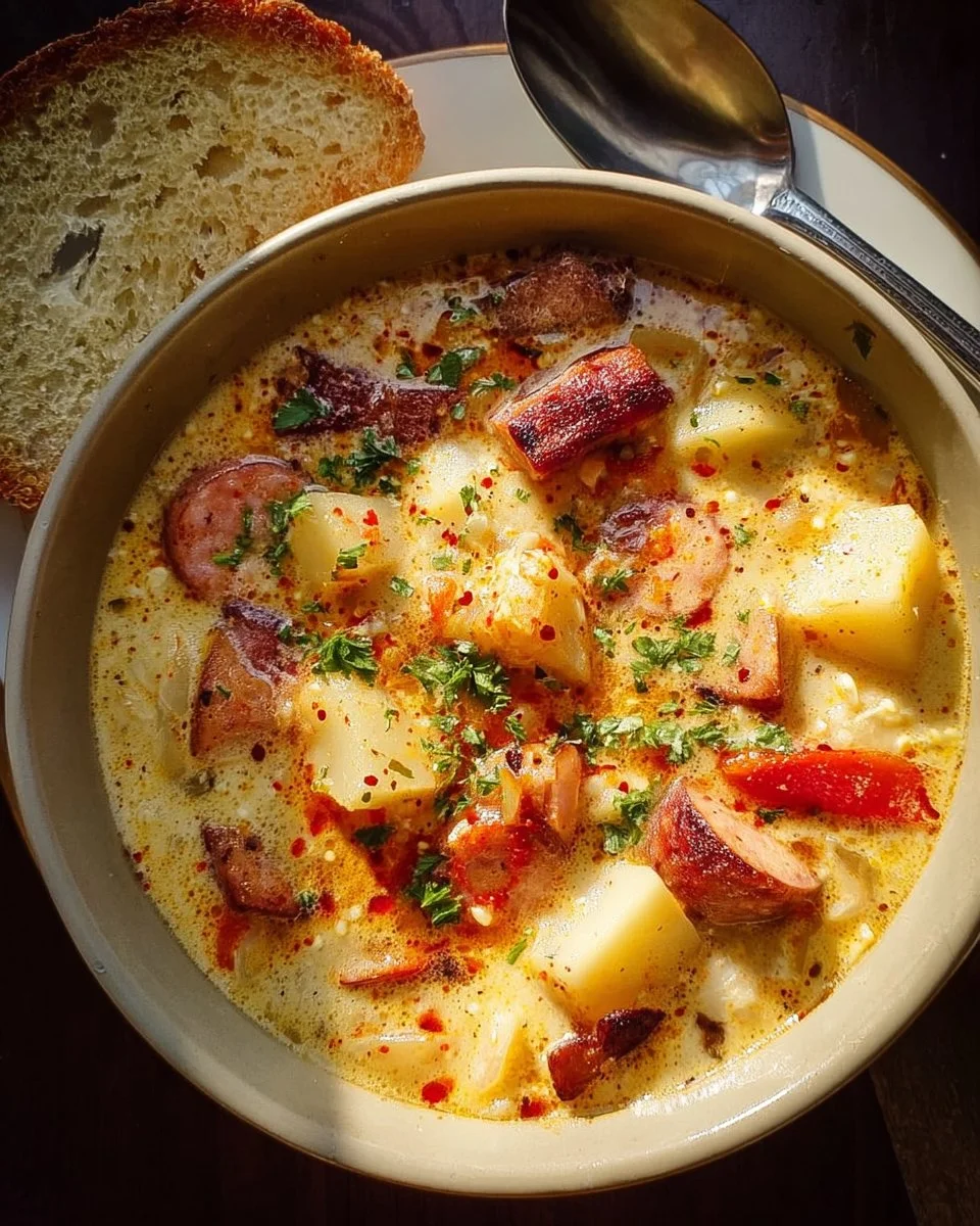 Bowl of delicious Cajun Potato Soup garnished with herbs and spices