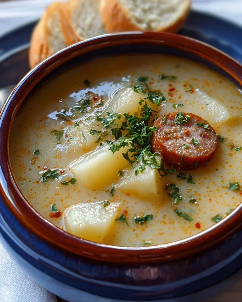 Delicious bowl of Cajun Potato Soup topped with herbs and spices.