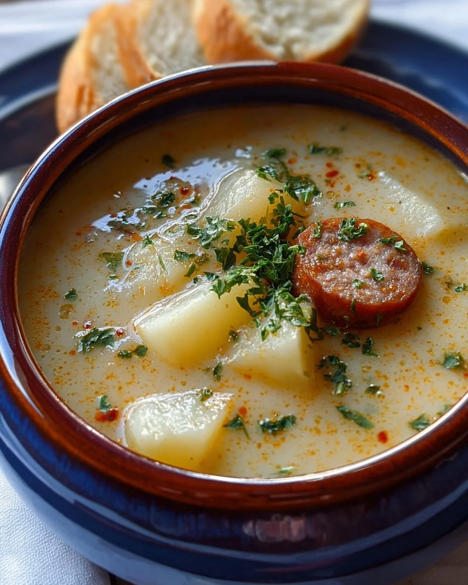 Cajun Potato Soup Recipe 1 Delicious bowl of Cajun Potato Soup topped with herbs and spices.