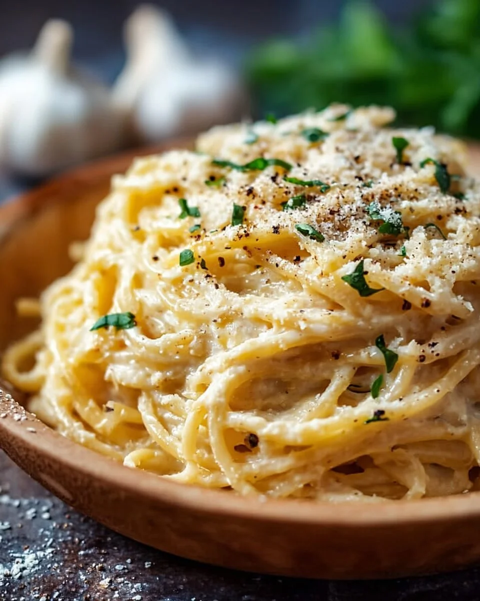 Cheesy garlic parmesan spaghetti served on a plate with herbs.