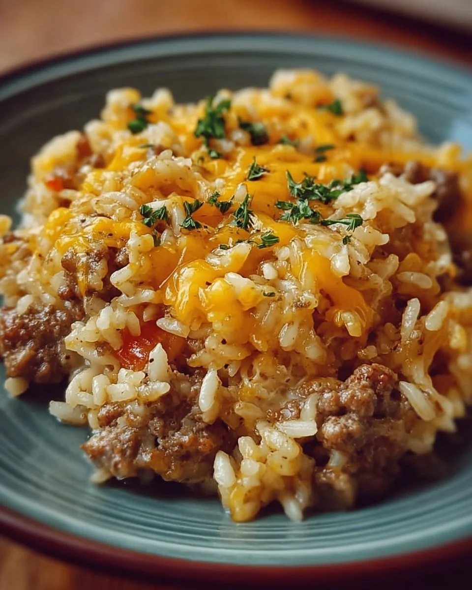Cheesy Hamburger Rice Casserole 1 Cheesy Hamburger Rice Casserole topped with melted cheese and fresh herbs