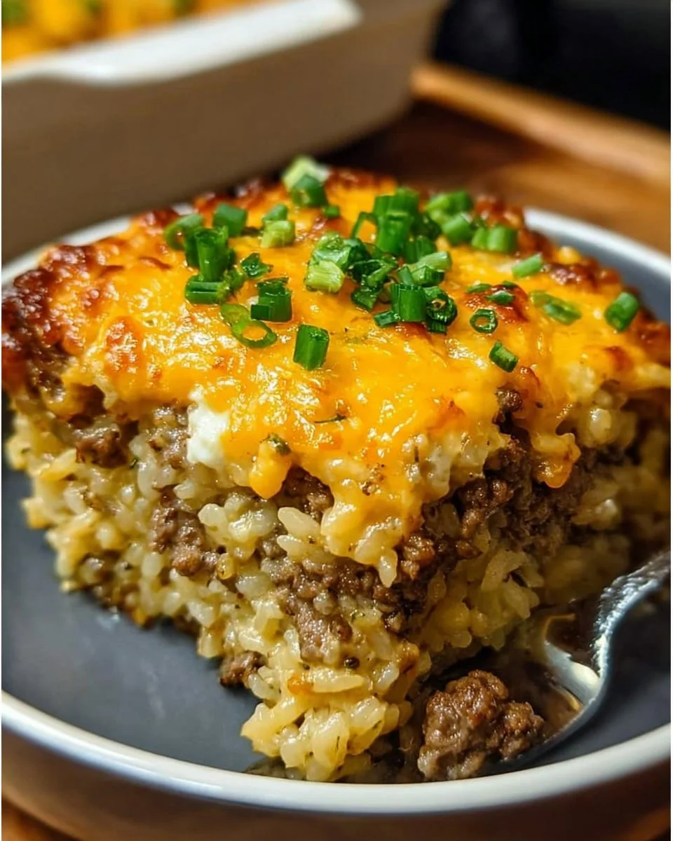 Delicious cheesy hamburger rice casserole served in a baking dish