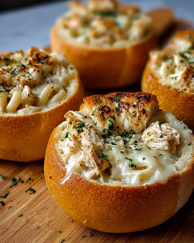 Chicken Alfredo Garlic Bread Bowls filled with creamy pasta and topped with herbs
