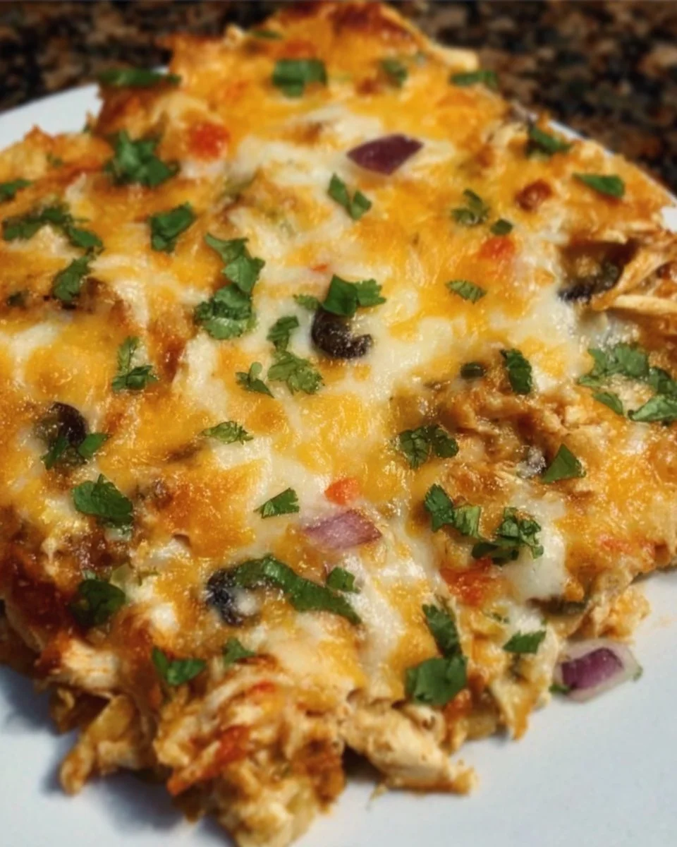 Chicken Burrito Casserole 1 Delicious chicken burrito casserole topped with melted cheese and fresh ingredients.
