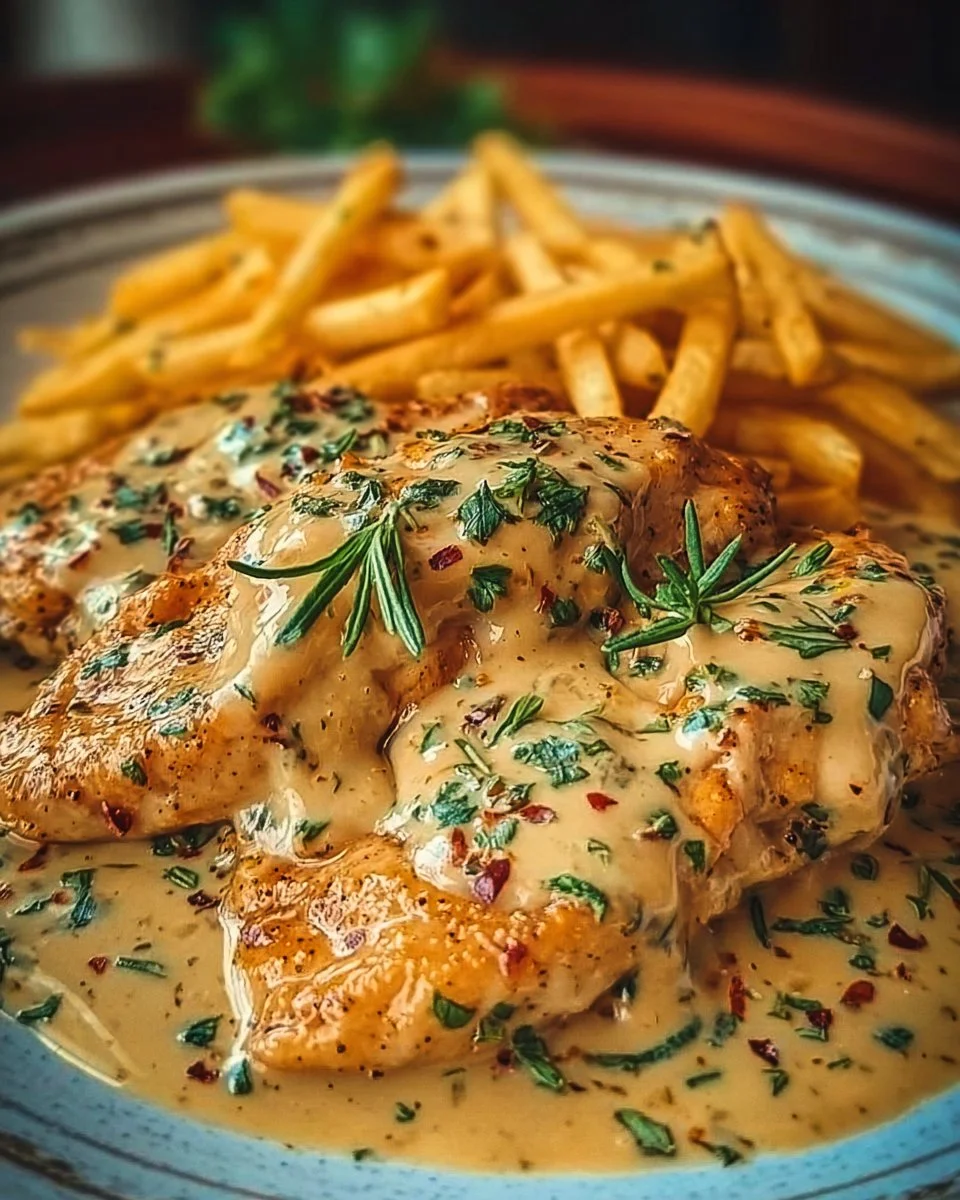 Chicken Fillet in Spicy, Creamy Garlic-Parmesan Sauce 1 Delicious chicken fillet in spicy creamy garlic-parmesan sauce served on a plate