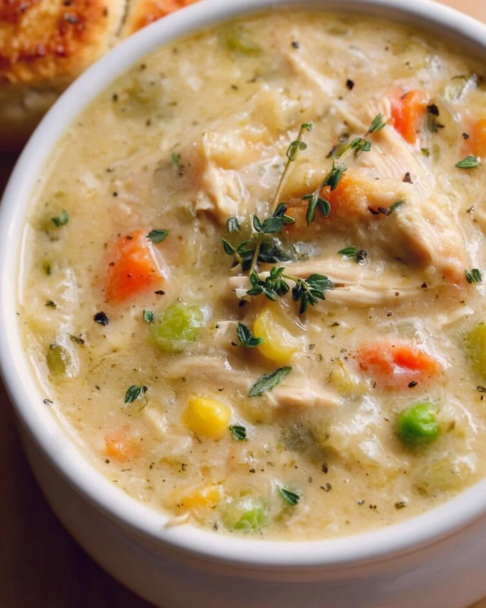 Delicious chicken pot pie soup with vegetables in a bowl
