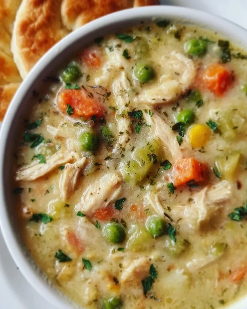 Delicious bowl of Chicken Pot Pie Soup with vegetables and herbs