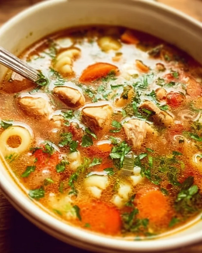 Bowl of homemade chicken soup with vegetables and herbs
