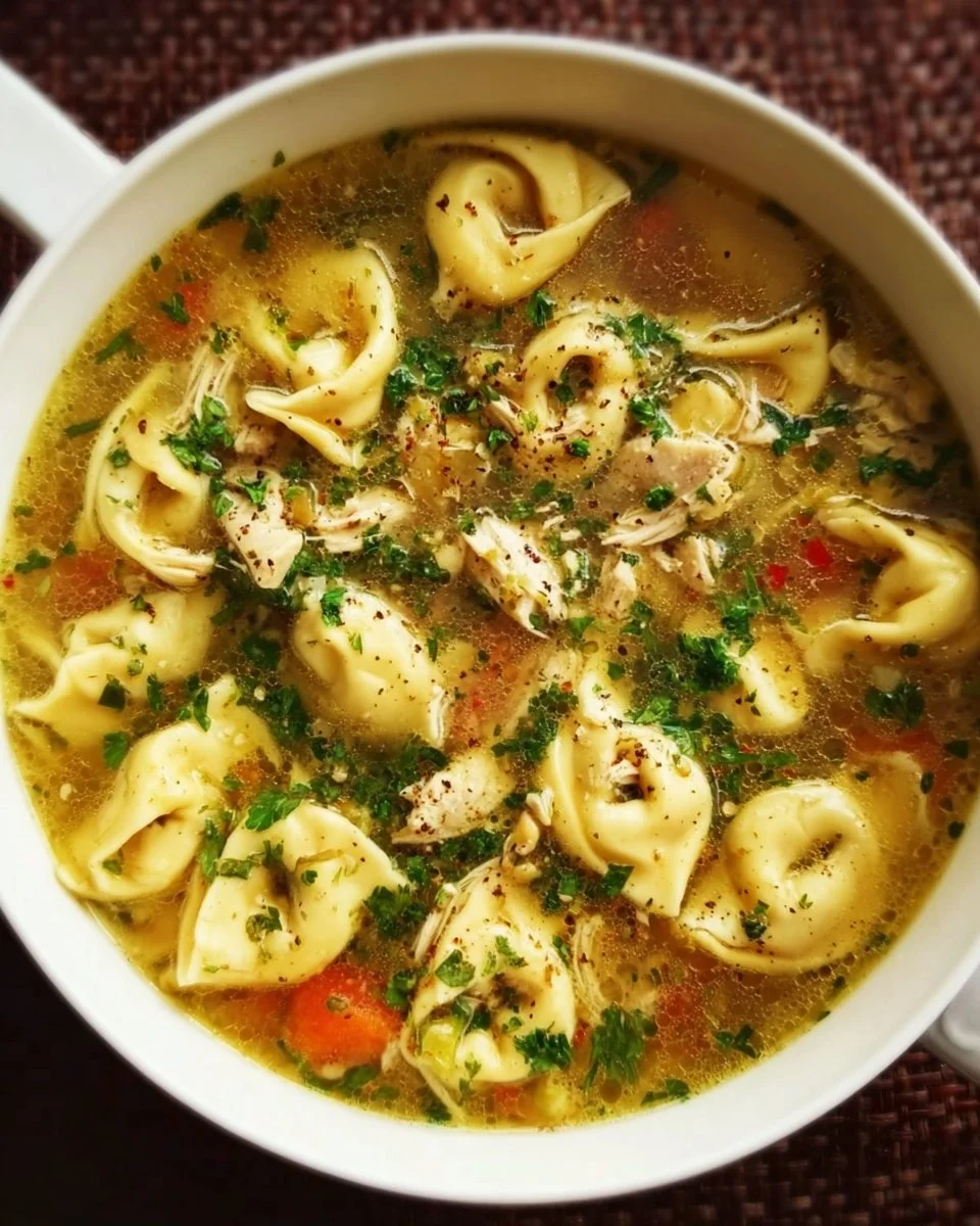 A bowl of homemade Chicken Tortellini Soup with fresh herbs and vegetables