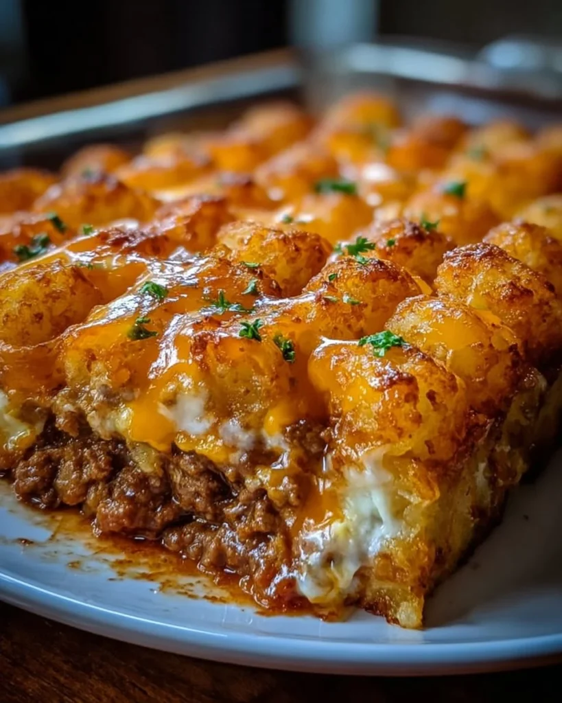 Delicious Chili Cheese Tater Tot Casserole topped with cheese and chili
