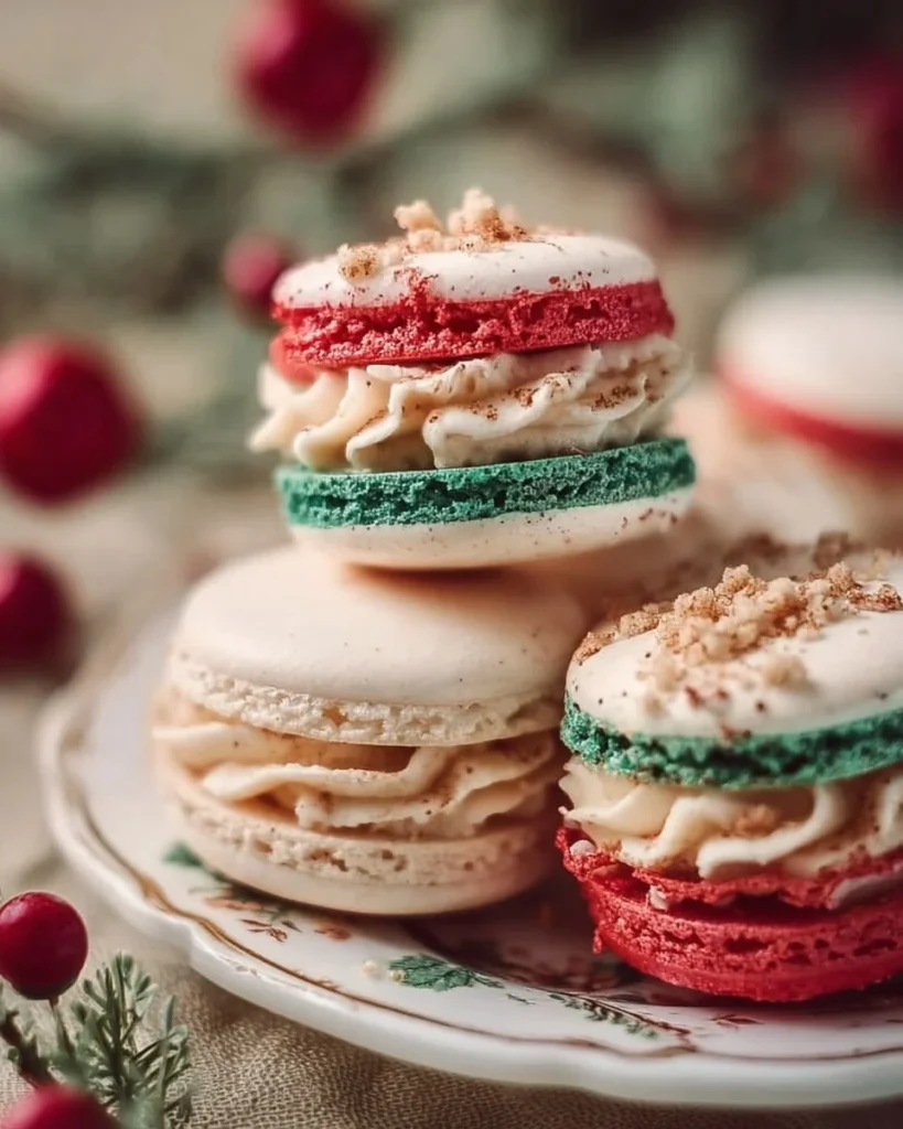 Colorful Christmas macarons inspired by Little Debbie Cake, arranged on a festive plate.