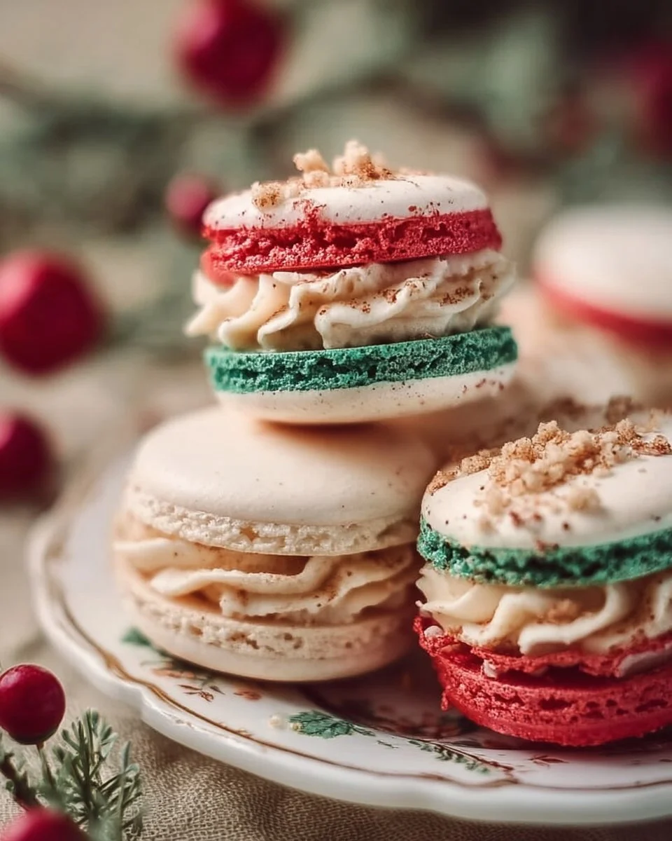 Colorful Christmas macarons inspired by Little Debbie Cake, arranged on a festive plate.