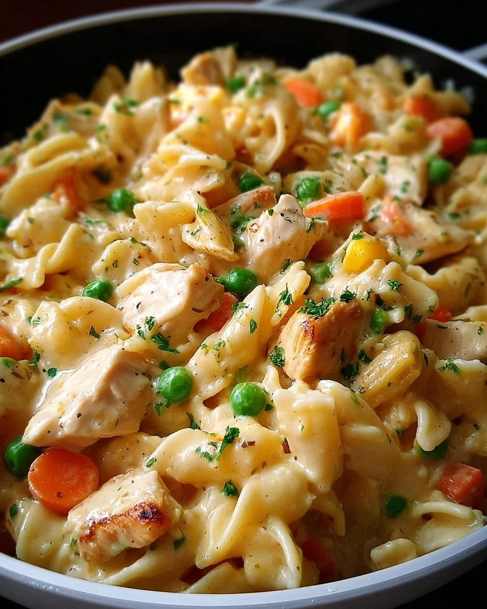 Delicious Classic Chicken Pot Pie Pasta dish served in a bowl
