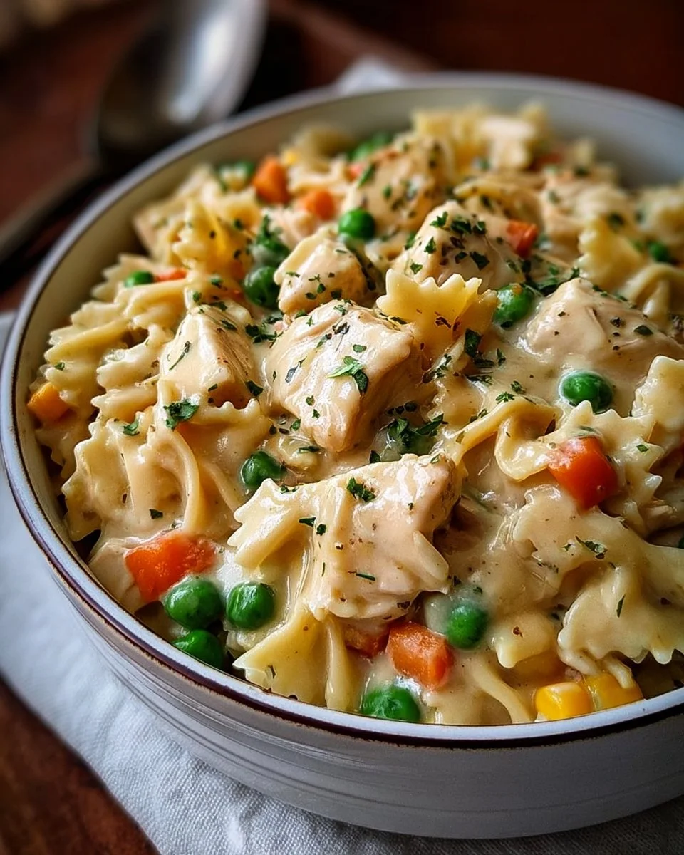 Classic Chicken Pot Pie Pasta 1 Bowl of Classic Chicken Pot Pie Pasta with vegetables and chicken