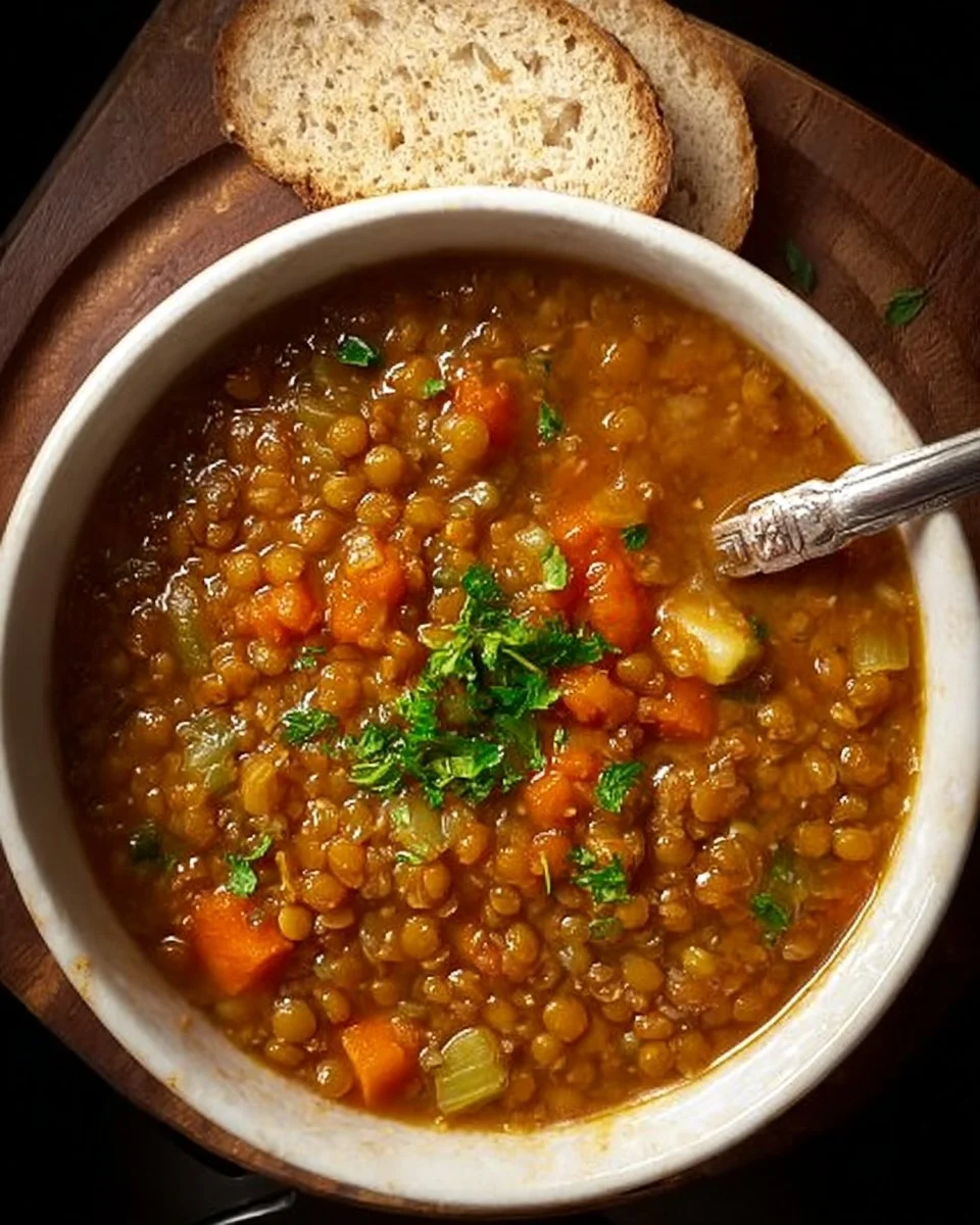 Classic Lentil Soup 1 Bowls of classic lentil soup served with fresh herbs and bread
