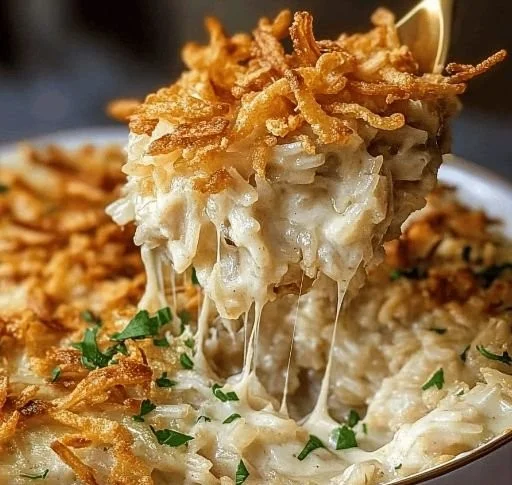Comforting French Onion Chicken Rice Bake dish served in a bowl