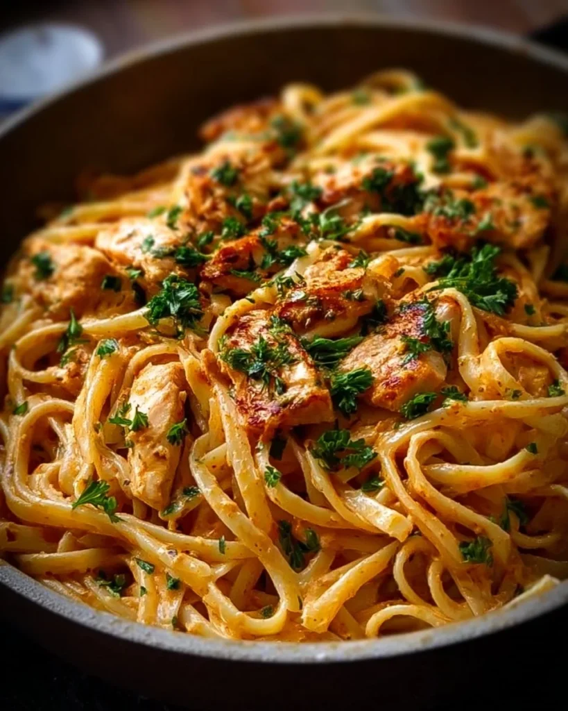 Delicious Cowboy Butter Chicken Linguine dish garnished with herbs