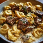 Cracked garlic steak tortellini served in creamy sauce