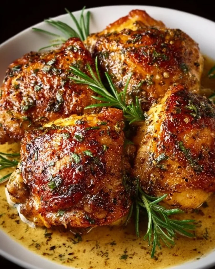 Creamy Brown Sugar Dijon Chicken Thighs served on a plate with herbs