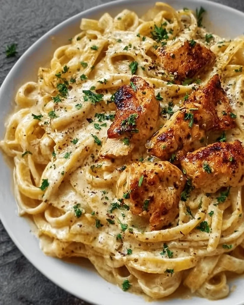 Creamy Cajun chicken pasta dish with spices and herbs in a bowl