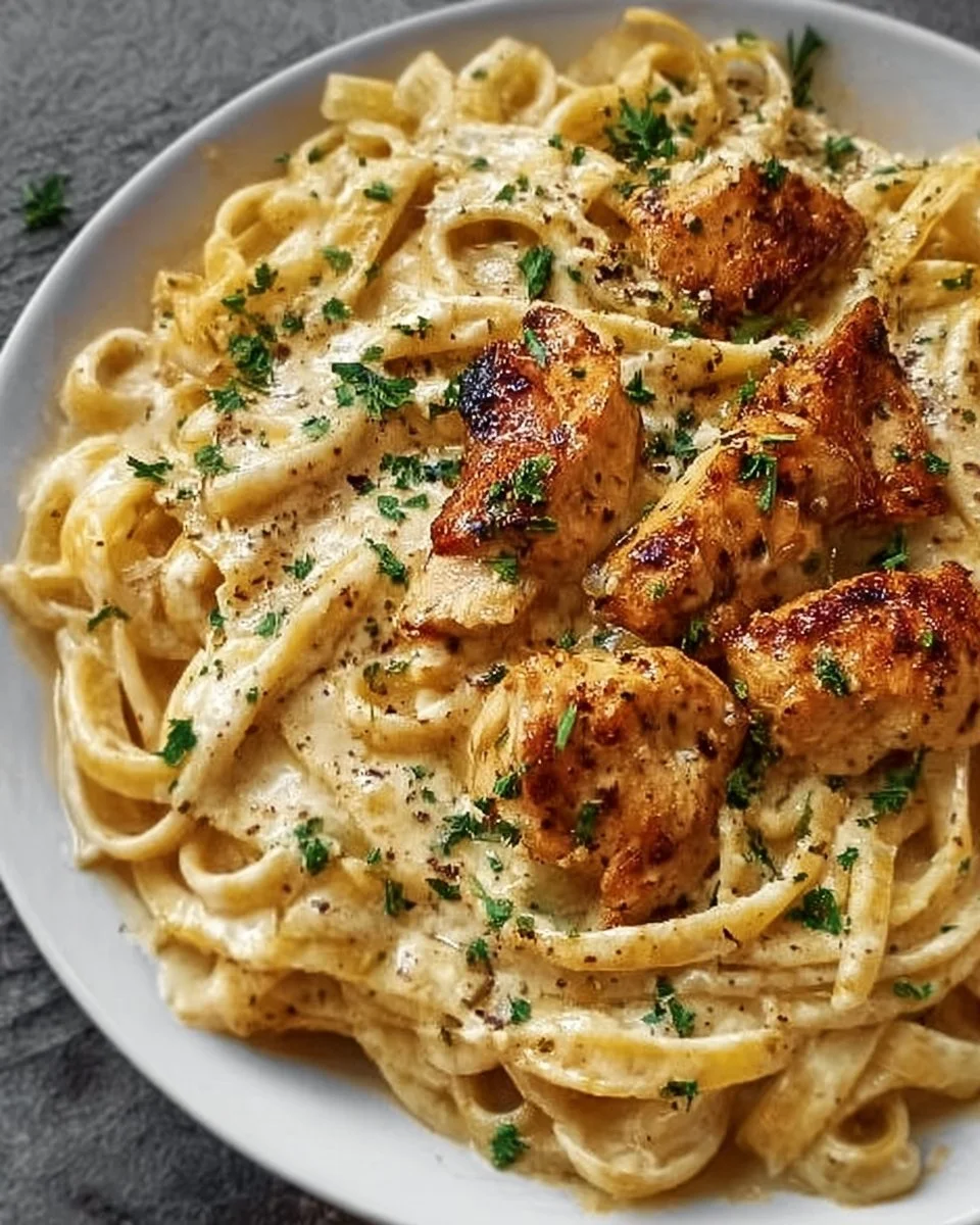 Creamy Cajun chicken pasta dish with spices and herbs in a bowl