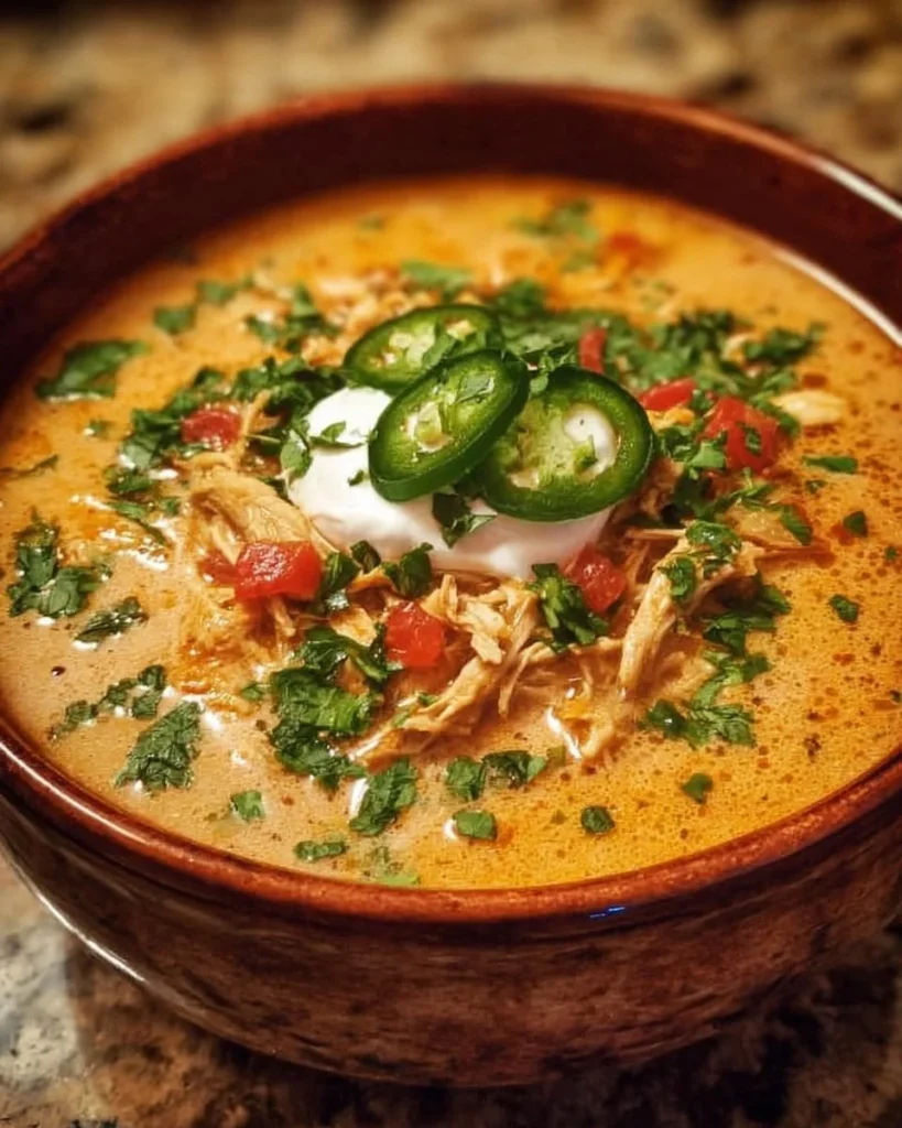 Creamy chicken enchilada soup topped with cilantro and tortilla strips