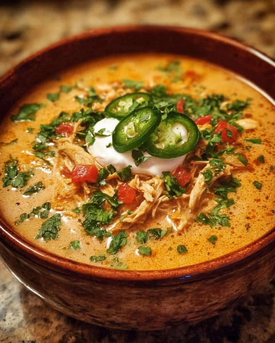Creamy chicken enchilada soup topped with cilantro and tortilla strips