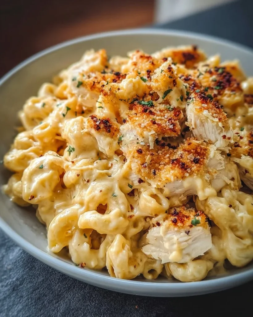 Creamy Chicken Mac and Cheese dish served in a bowl with a cheesy topping