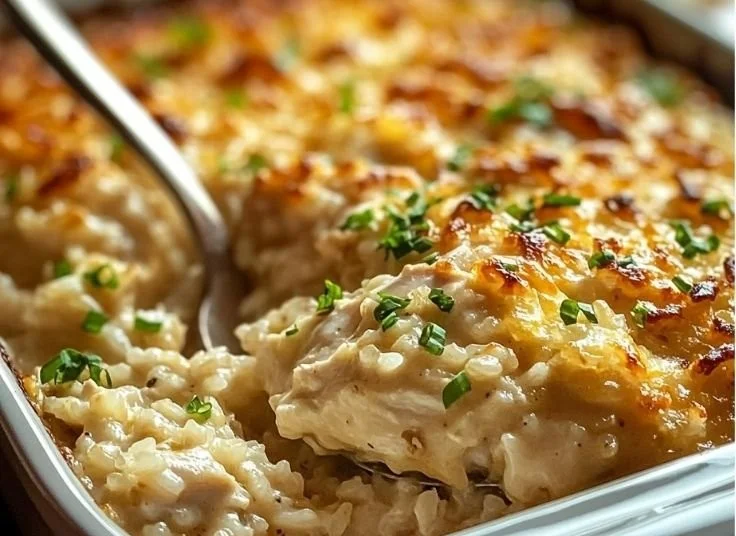 Creamy chicken and rice casserole baked with herbs and cheese, served in a dish.