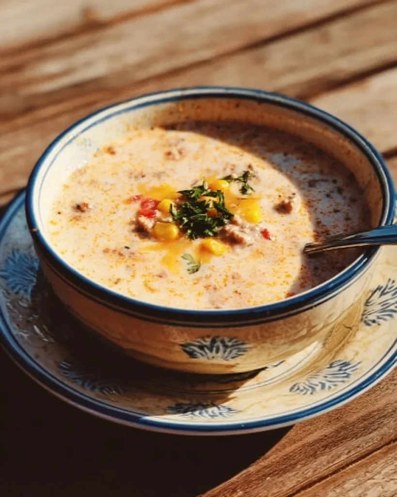 Bowl of creamy cowboy soup topped with fresh herbs and spices