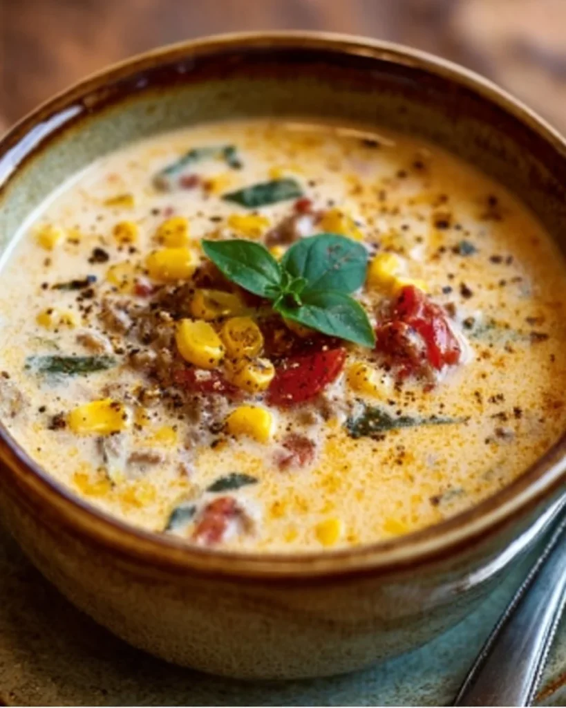 Bowl of creamy Cowboy Soup garnished with herbs and served with bread