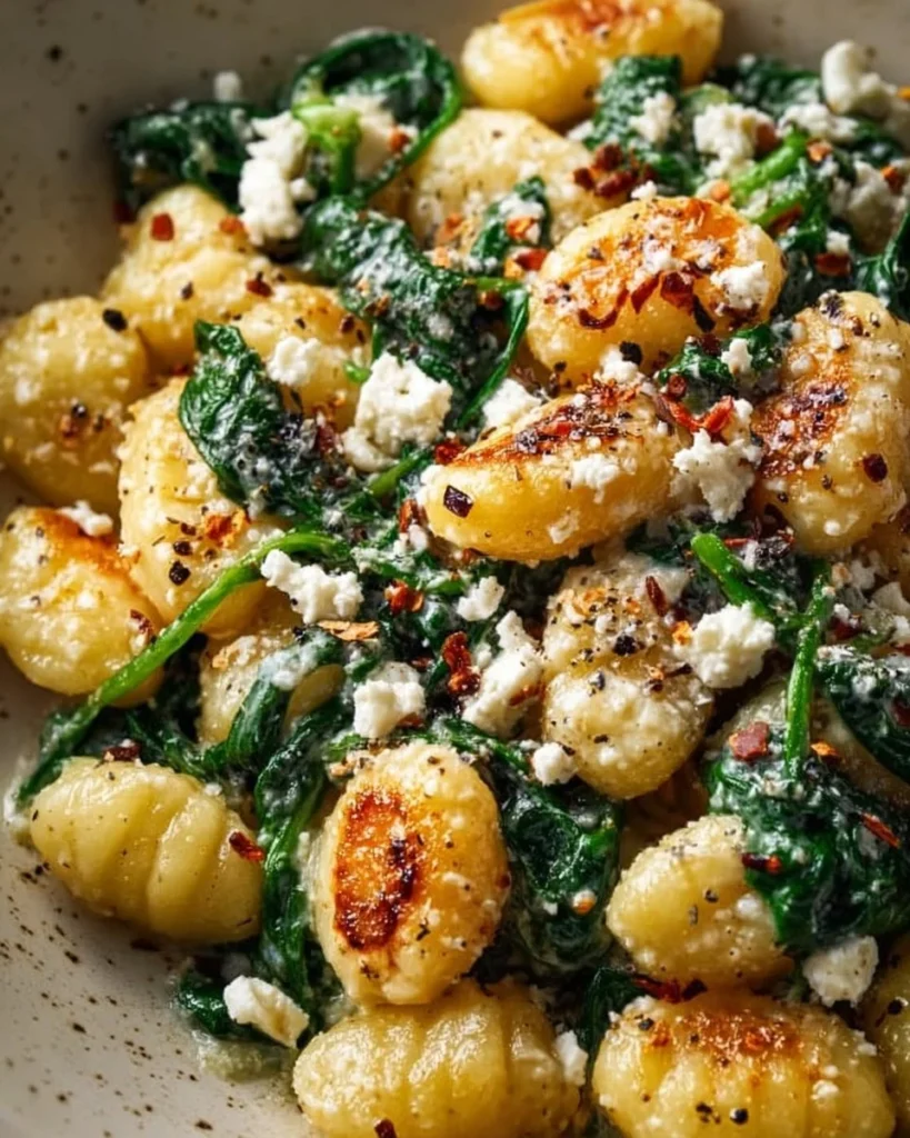 Creamy gnocchi with spinach and feta in a bowl