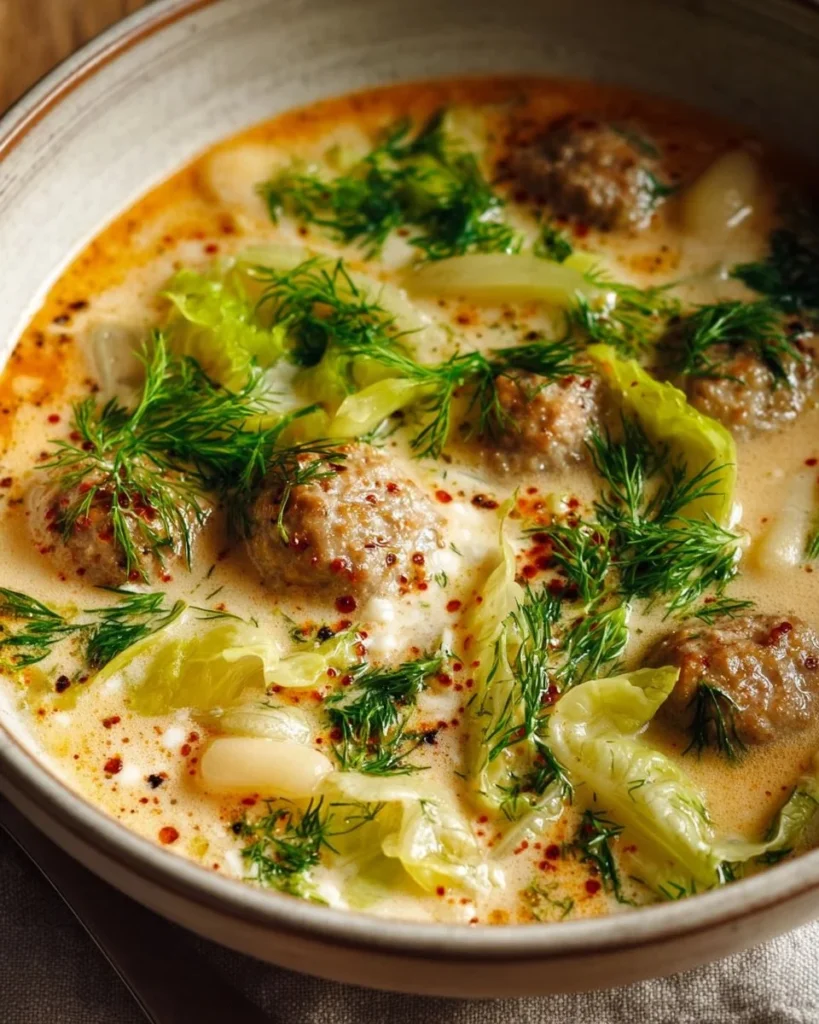 Bowl of creamy Italian meatball soup topped with herbs and Parmesan cheese