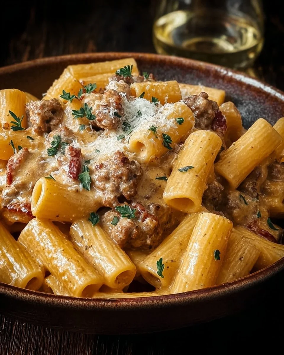 Creamy Italian Sausage Rigatoni served in a bowl with herbs and cheese