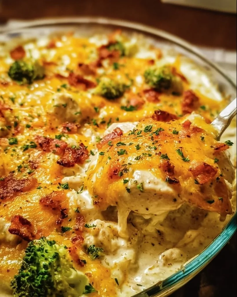 Creamy low carb chicken casserole topped with vegetables and cheese