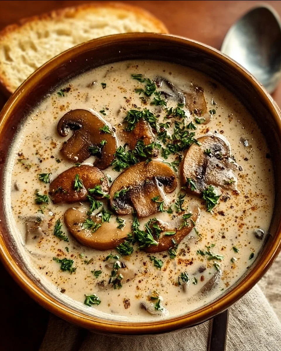 Bowl of creamy mushroom soup served with fresh herbs and bread.